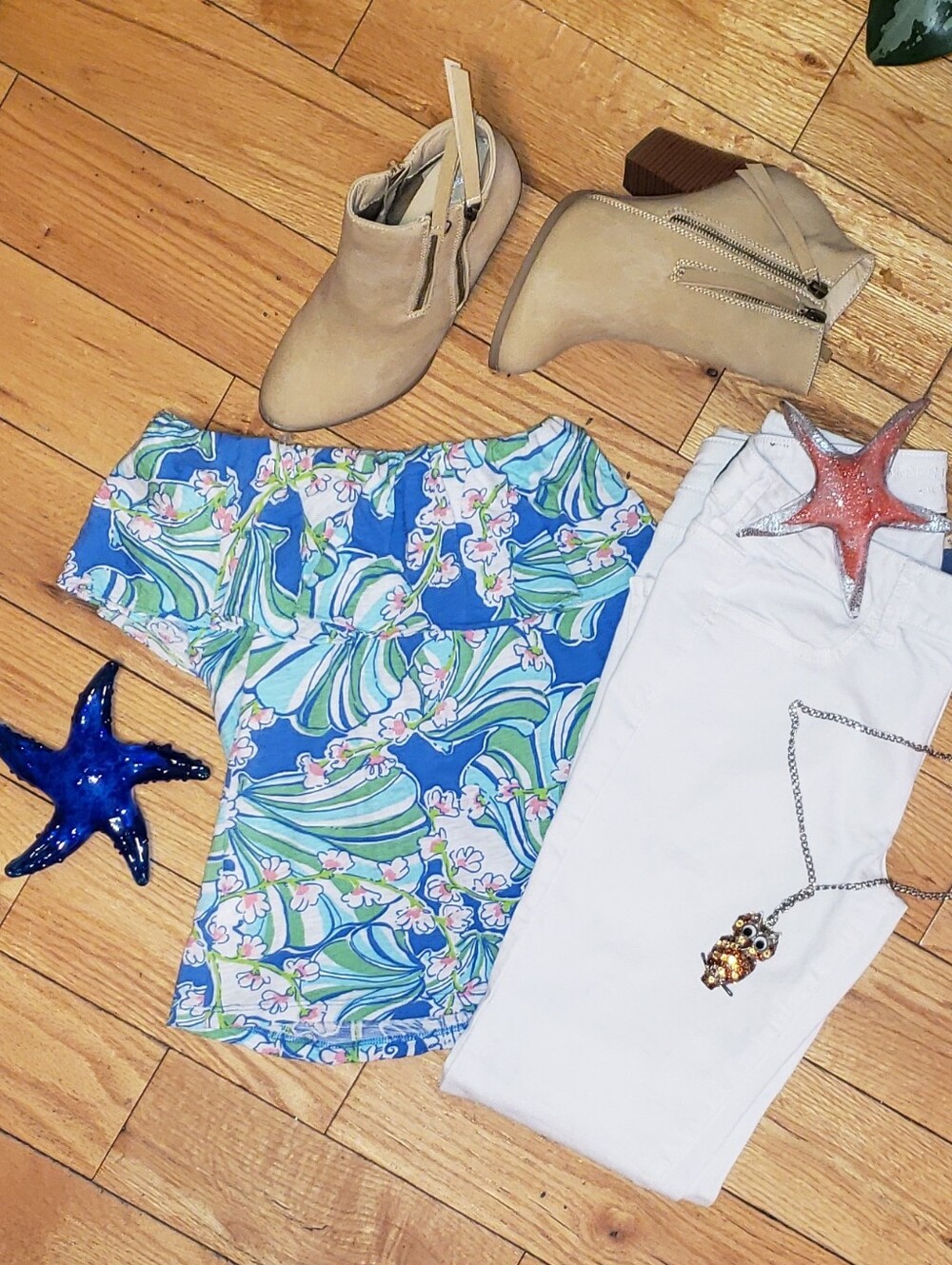 Lilly Pulitzer Blue & Green Floral Off-Shoulder Top